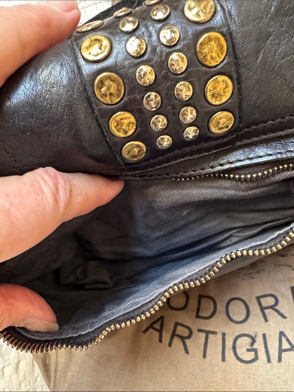 Campomaggi Black Leather Crossbody with Gold Stud Detailing - Picture 9 of 10